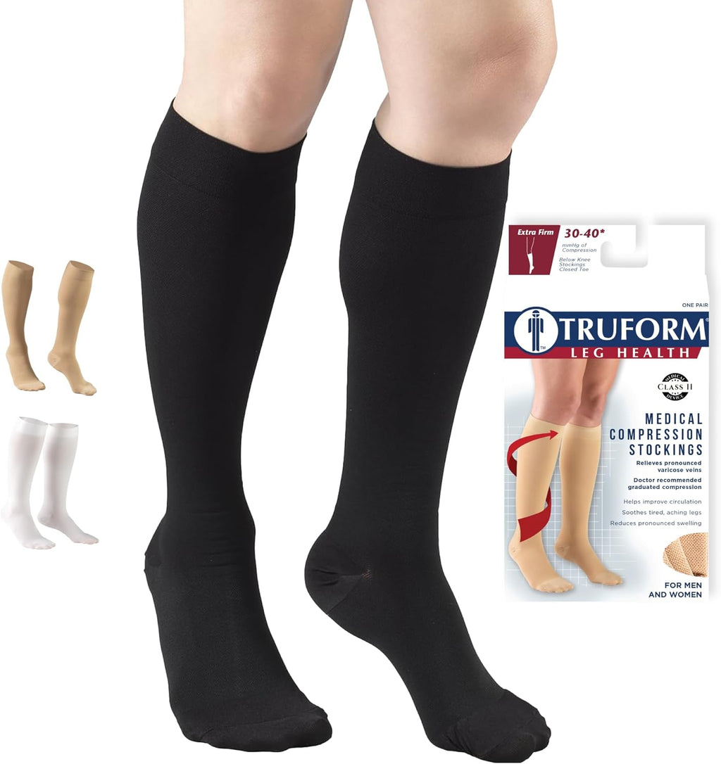 Truform 30-40 mmHg Compression Stockings for Men and Women, Knee High Length, Closed Toe, Black, Large