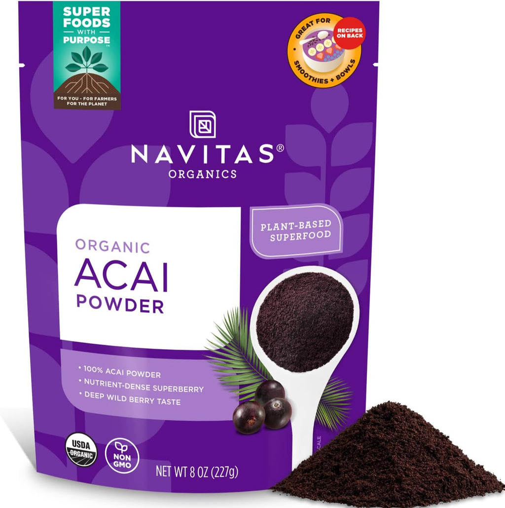 Navitas Organics Acai Powder – for Smoothie Bowls, Oatmeal, Dips, Sauces & More – Antioxidants, Omega 3 6 9, Fiber - USDA Organic, Non GMO, Kosher, Gluten Free, Keto (8oz. Bag, 76 Servings)