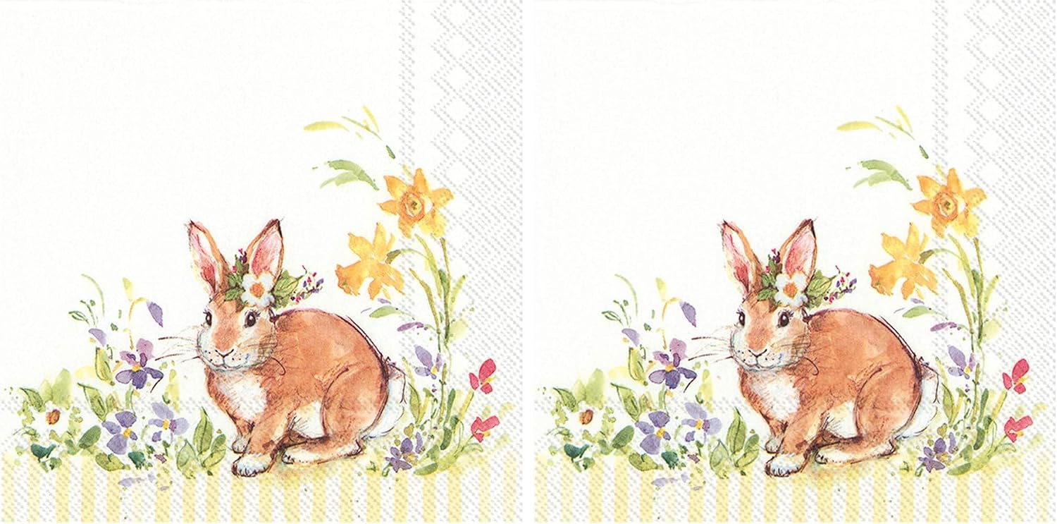 IHR Ideal Home Range Cocktail Napkins Disposable 3-Ply Paper Party Napkin Pack, 5" x 5", Lovely Bunny (Yellow), 20-Count (Pack of 2)