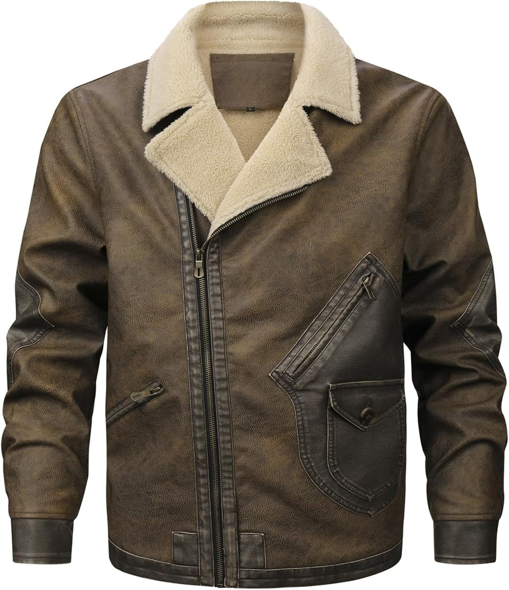 HOOD CREW Men’s Faux Leather Motorcycle Bomber Jacket Windproof Winter Coat Jackets with Shearling Lining