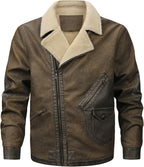 HOOD CREW Men’s Faux Leather Motorcycle Bomber Jacket Windproof Winter Coat Jackets with Shearling Lining