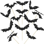 Halloween Bat Cupcake Toppers - 24 PCS Black Glitter Bats for Cake Decorations, Birthday Party Supplies