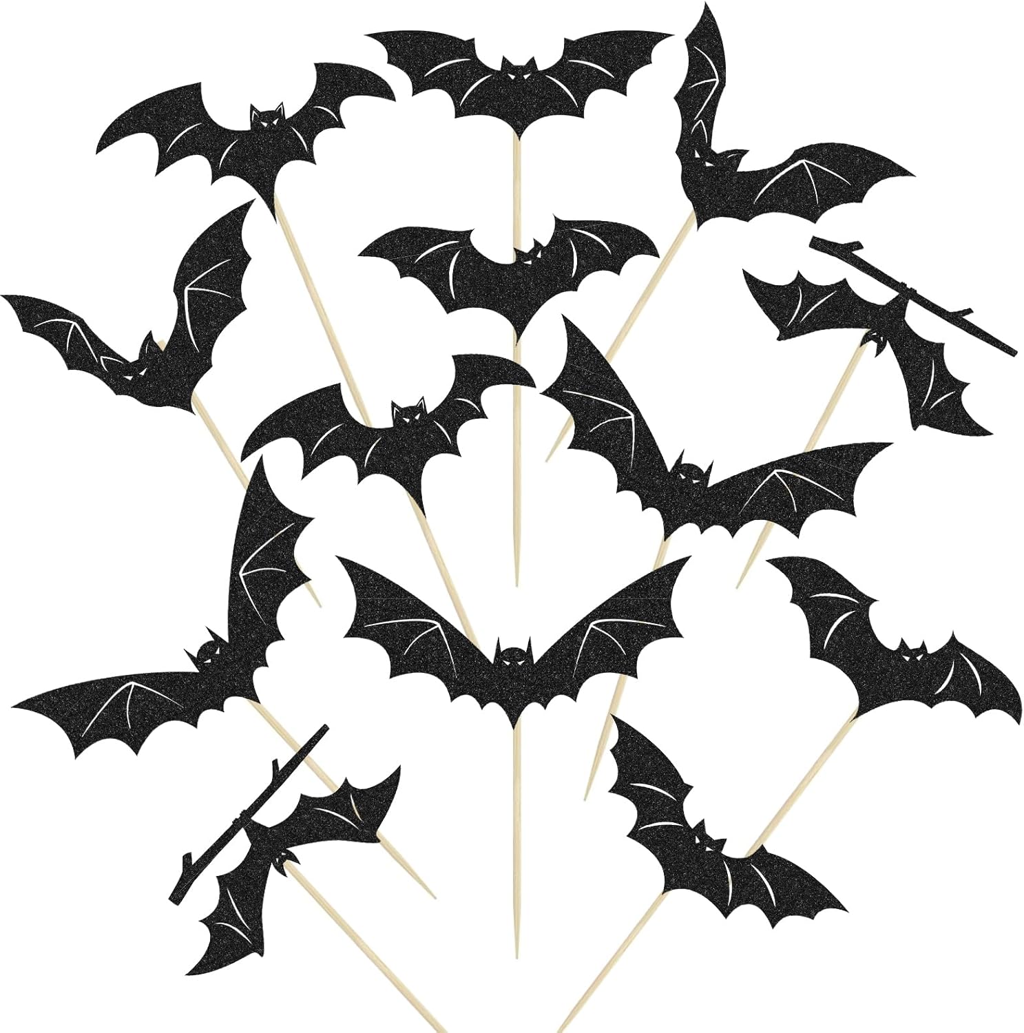 Halloween Bat Cupcake Toppers - 24 PCS Black Glitter Bats for Cake Decorations, Birthday Party Supplies