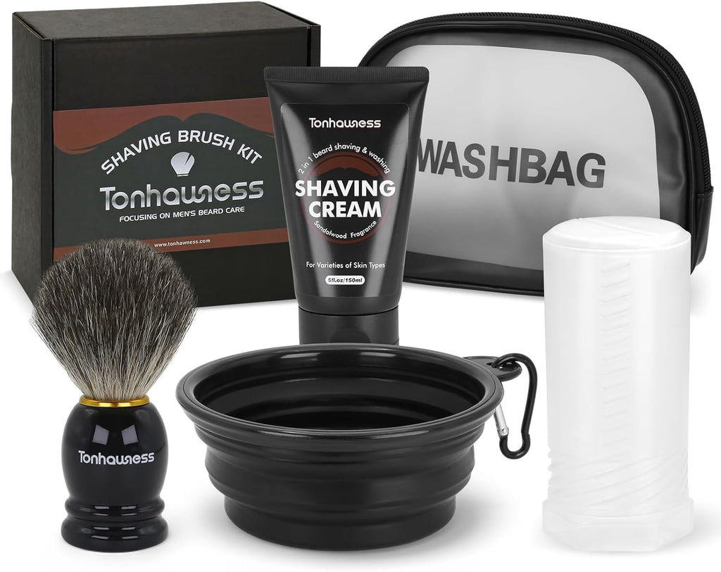 Travel Shaving Brushes Kit For Men, 5 In 1 Shaving Brush Set With Badger Hair Shave Brush, Shaving Brush Travel Case, Shaving Cream, Foldable Shaving Bowl and Washbag For Trip, Holiday