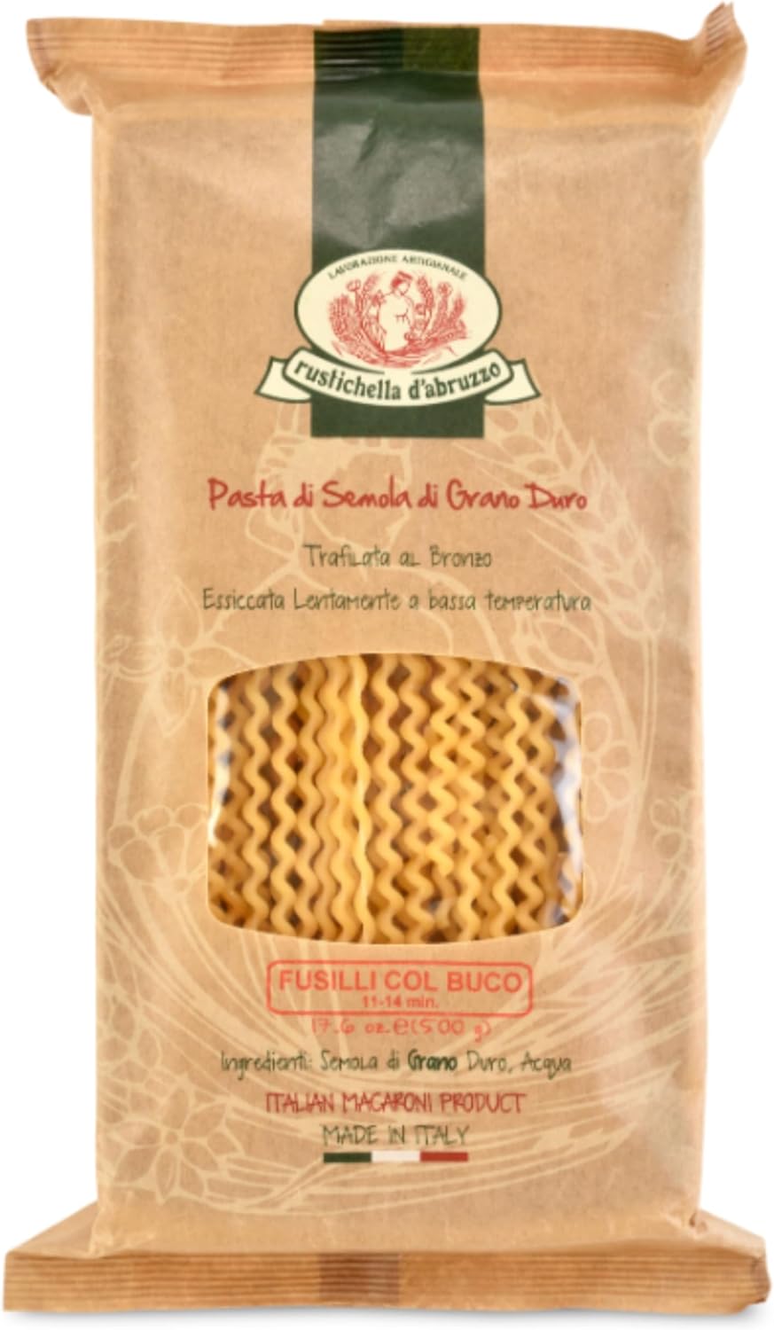 Rustichella d'Abruzzo Fusilli col Buco 17.6 - Classic Authentic Italian Long Curly Pasta - Perfect for Tomato or Olive Oil Sauces