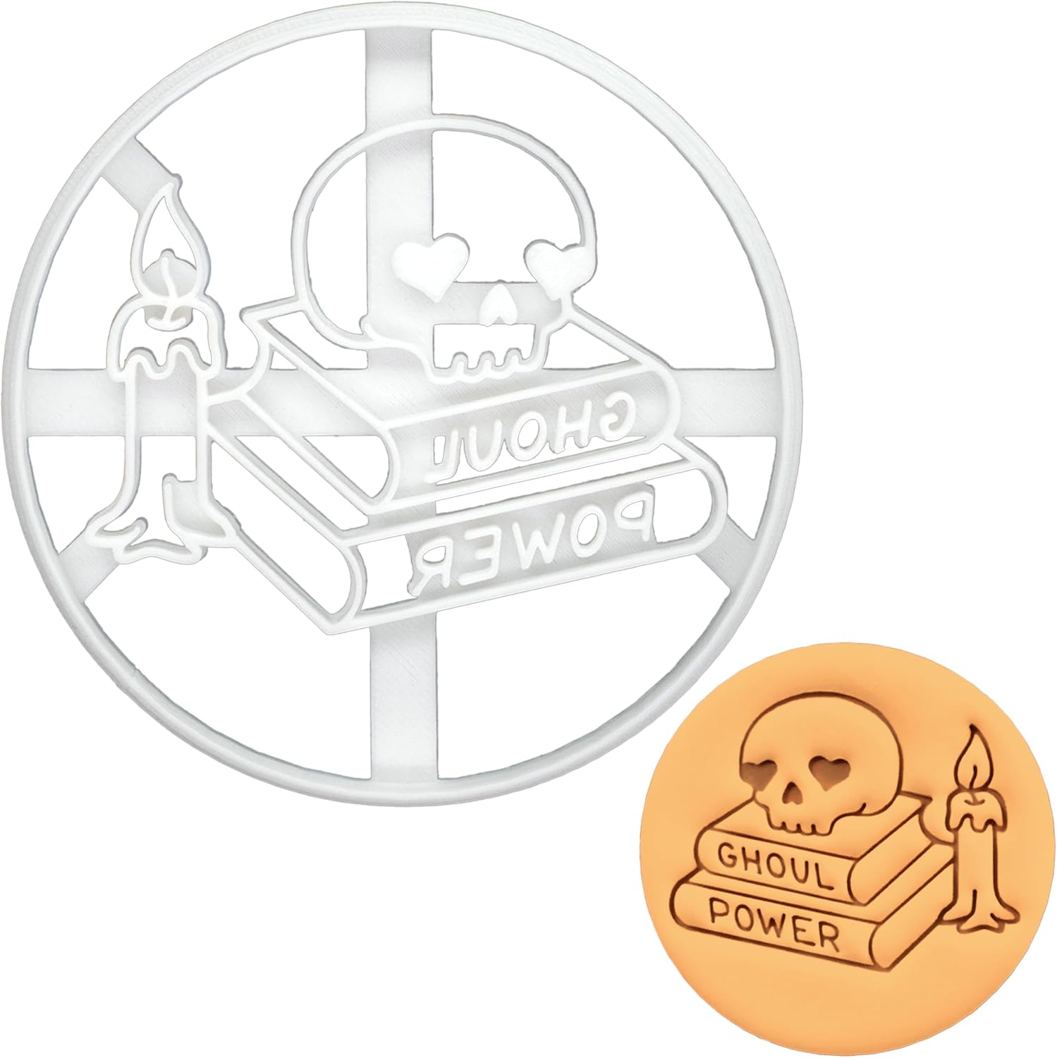 BAKERLOGY Ghoul Power Cookie Cutter – Feminist Skull and Spellbook Biscuit Embosser, Witchy Fondant Stamp for Halloween Baking, Pagan Crafts and Magical Occasions