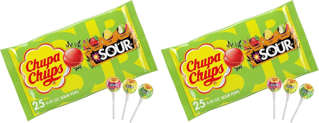 Chupa Chups SOUR Lollipops, VarietyPack, Lemon, Strawbery & Apple Flavored, Individually Wrapped Bulk Sour Candy Suckers for Adults & Kids, Bag of 25 (Pack of 2)