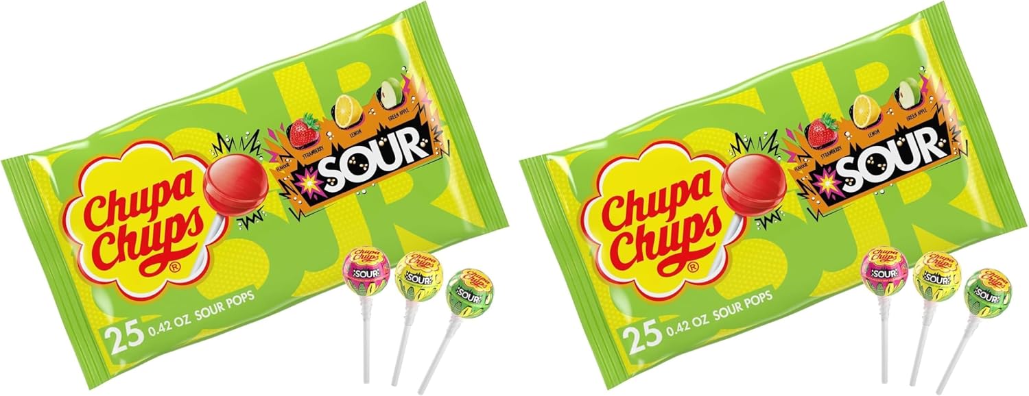 Chupa Chups SOUR Lollipops, VarietyPack, Lemon, Strawbery & Apple Flavored, Individually Wrapped Bulk Sour Candy Suckers for Adults & Kids, Bag of 25 (Pack of 2)