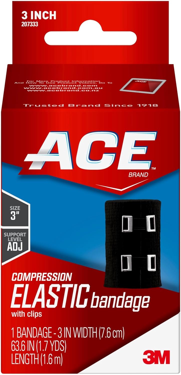 ACE Brand 3 Inch Elastic Bandage with with Clips, Black, Great for Elbow, Ankle, Knee and More, 1 Count