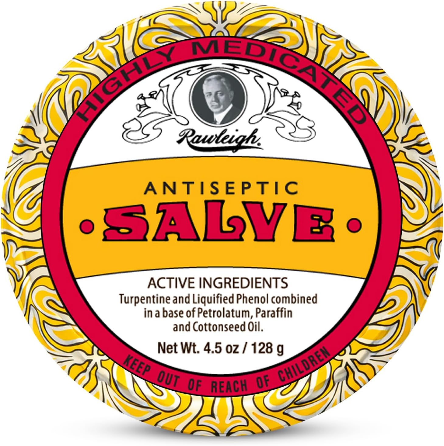 Rawleigh Antiseptic Salve Iconic Yellow Big Tin: 4.5 oz, Natural, Multi-Purpose Ointment Soothes Skin Cuts, Bruises, Irritations, with Turpentine, Phenol, Cottonseed Oil, Original Formula - Pack of 1