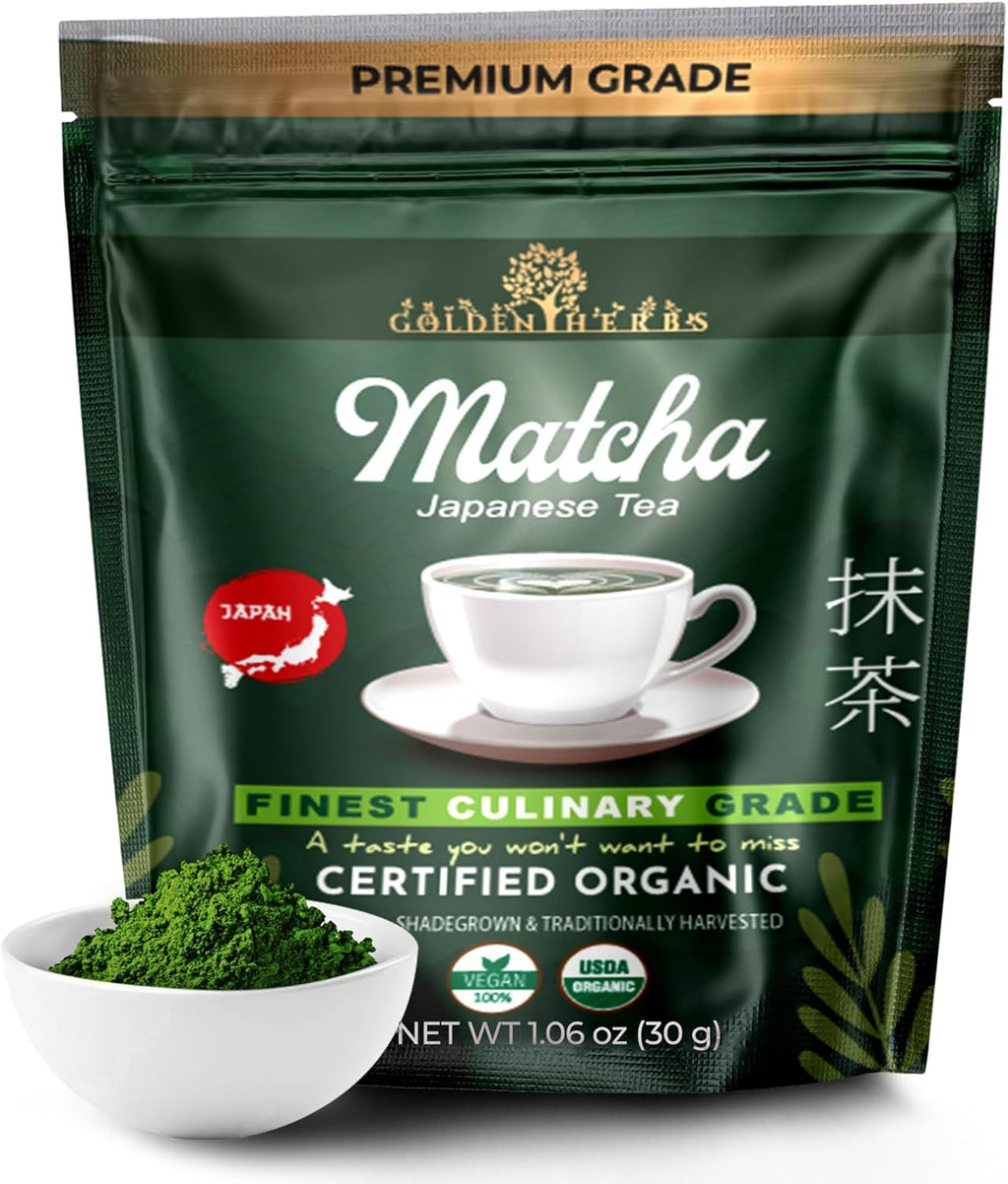 Golden Herbs Culinary Grade Matcha Organic Japanese Green Tea Powder for Lattes, Smoothies & Baking – Vibrant Green, Rich Umami Flavor, Stone-Ground for Maximum Freshness Resealable Pouch (30 Grams, Culinary Quality)