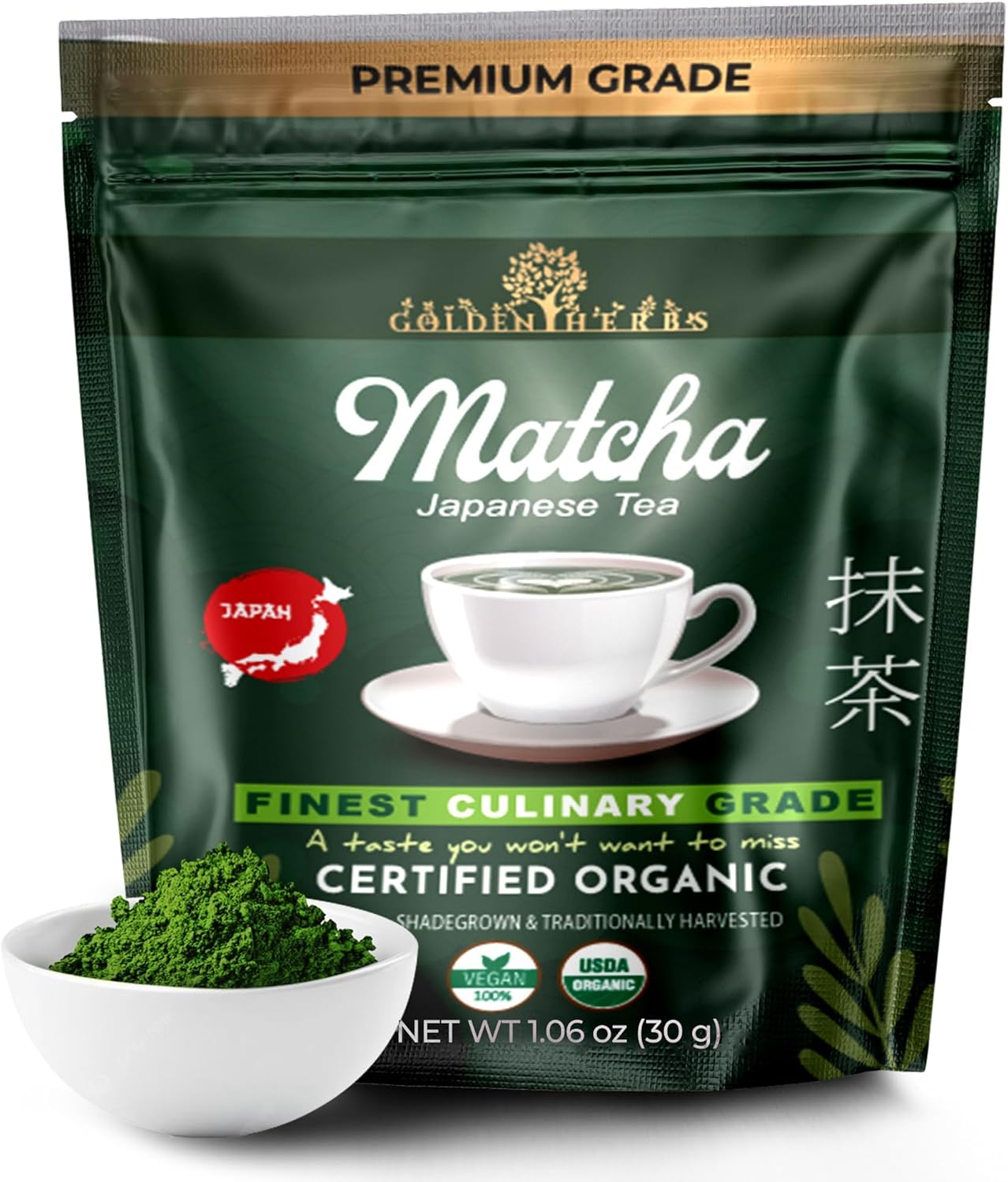 Golden Herbs Culinary Grade Matcha Organic Japanese Green Tea Powder for Lattes, Smoothies & Baking – Vibrant Green, Rich Umami Flavor, Stone-Ground for Maximum Freshness Resealable Pouch (30 Grams, Culinary Quality)