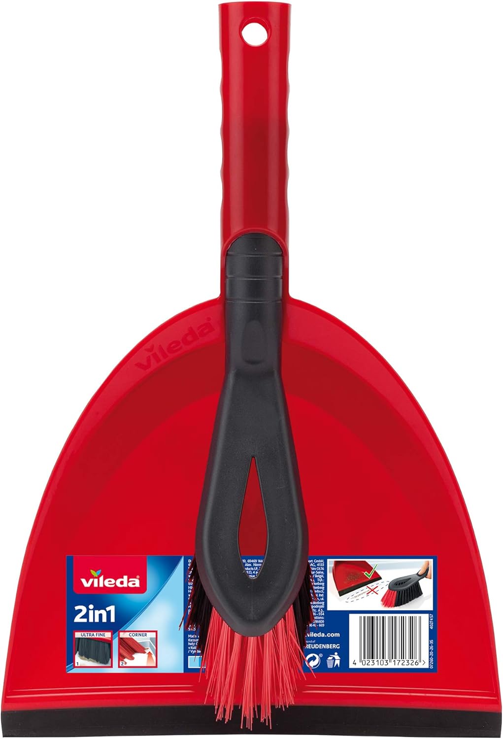 Vileda 2 in 1 Dustpan Set, 14 x 14 x 34.6 cm, Red