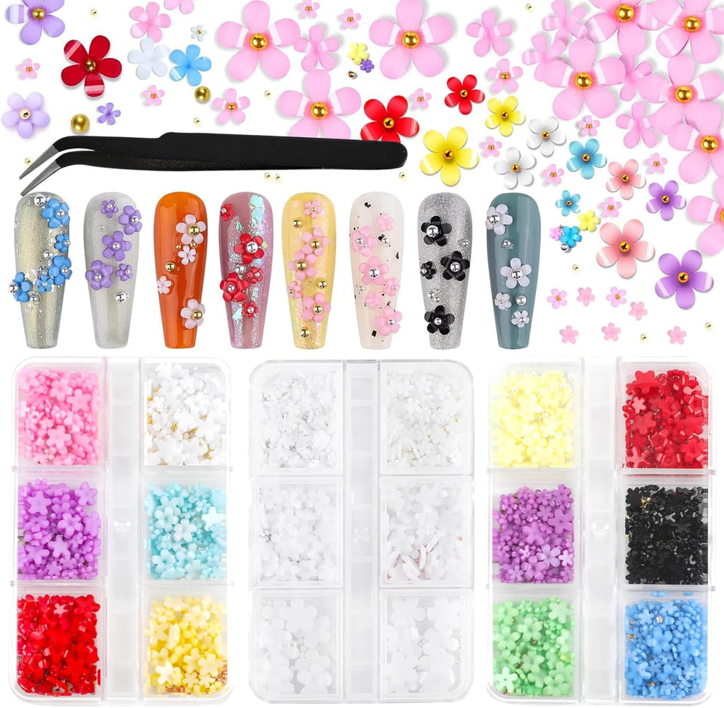 FOIMAS 3D Flower Nail Charms,3 Boxes Flower Acrylic Nail Art Rhinestones with Gold Silver Pearl Beads Tweezer for DIY Nail Art Decoration Supply