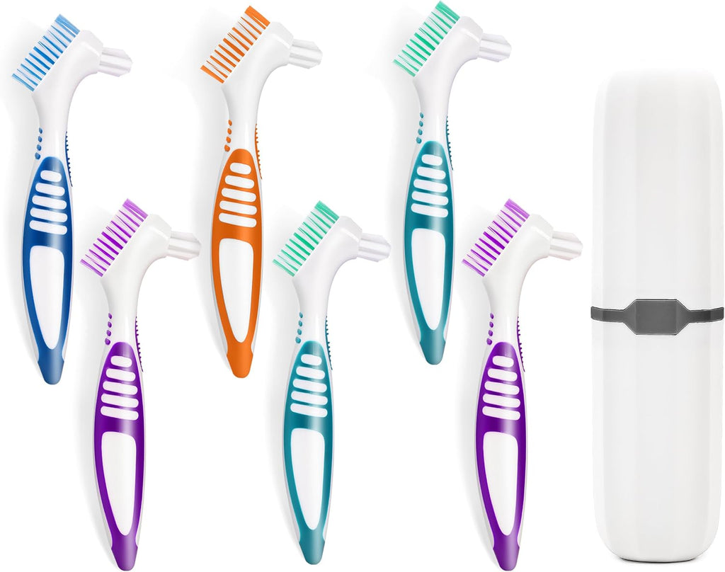 6 Pcs Denture Brush Set for False Teeth with White Carrying Case, Denture Toothbrushes with Double Sided Design, Dental Brush with Multi-Layered Soft Bristles and Rubber Anti-Slip Handle, 4 Colors