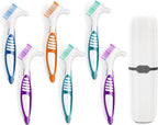 6 Pcs Denture Brush Set for False Teeth with White Carrying Case, Denture Toothbrushes with Double Sided Design, Dental Brush with Multi-Layered Soft Bristles and Rubber Anti-Slip Handle, 4 Colors