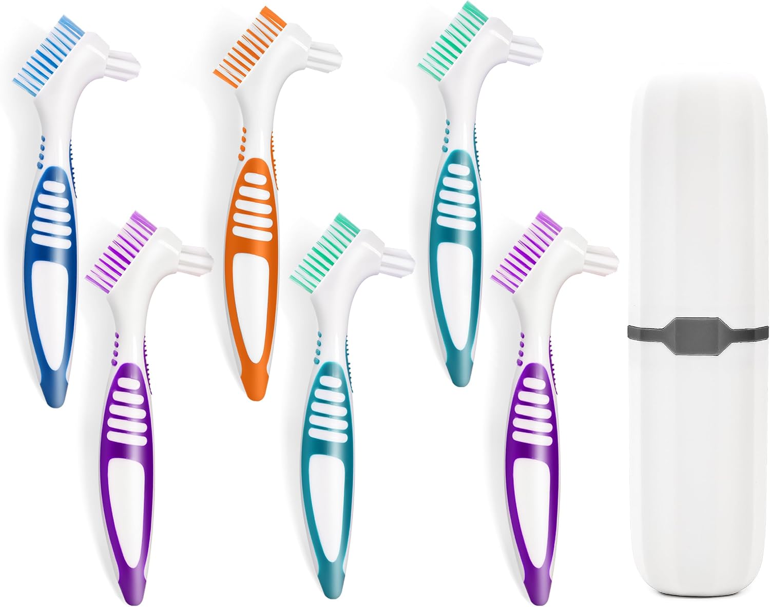 6 Pcs Denture Brush Set for False Teeth with White Carrying Case, Denture Toothbrushes with Double Sided Design, Dental Brush with Multi-Layered Soft Bristles and Rubber Anti-Slip Handle, 4 Colors