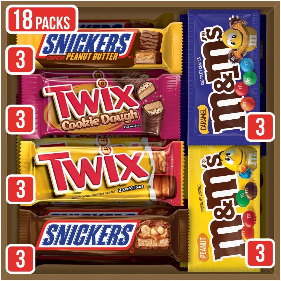 Mars M&M's Peanut, M&M's Caramel, Snickers Original, Peanut Butter Squared, Twix Cookie Dough Variety Pack Full Size Individually Wrapped Milk Chocolate Candy Bars, 18 Ct