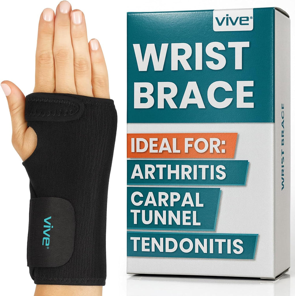 Vive Wrist Brace - Carpal Tunnel Hand Compression Support Wrap for Men, Women, Tendinitis, Bowling, Sports Injuries Pain Relief - Removable Splint - Universal Ergonomic Fit (Black, Right)