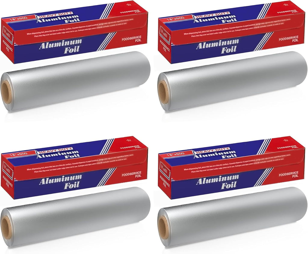 Ox Plastics Aluminum Foil Wrap | Heavy-Duty, Commercial Grade for Food Service Industry | Silver Foil for Cooking, Roasting, Baking, BBQ & Parties | 18"x 500 feet (4 Pack)