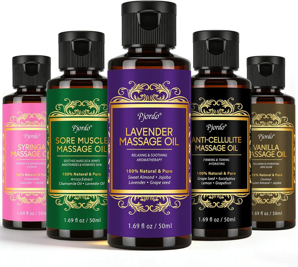 5 Pack Massage Oil for Massage Therapy, Lavender, Vanilla, Sore Muscle, Syringa & Anti Cellulite Massage Oil Kit for Relaxing Muscle & Soothing The Body, Home Spa Gifts for Her Him