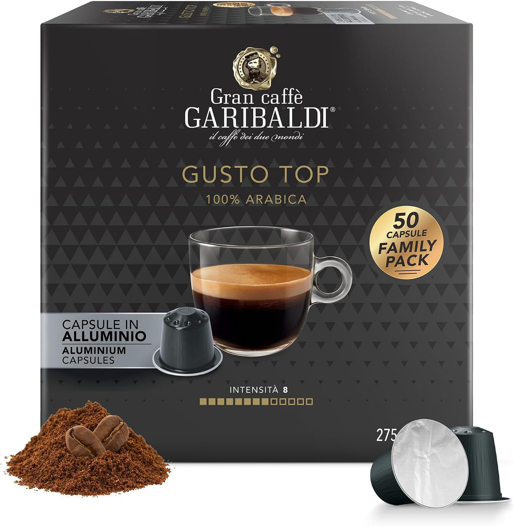 Gran Caffè Garibaldi Espresso Pods, Italian Roasted Compatible Nespresso Original Line Machines, 100% Arabica Blend, Brazilian & Central American Beans, Cocoa Aroma - Gusto Top (Aluminum) 50 Cups
