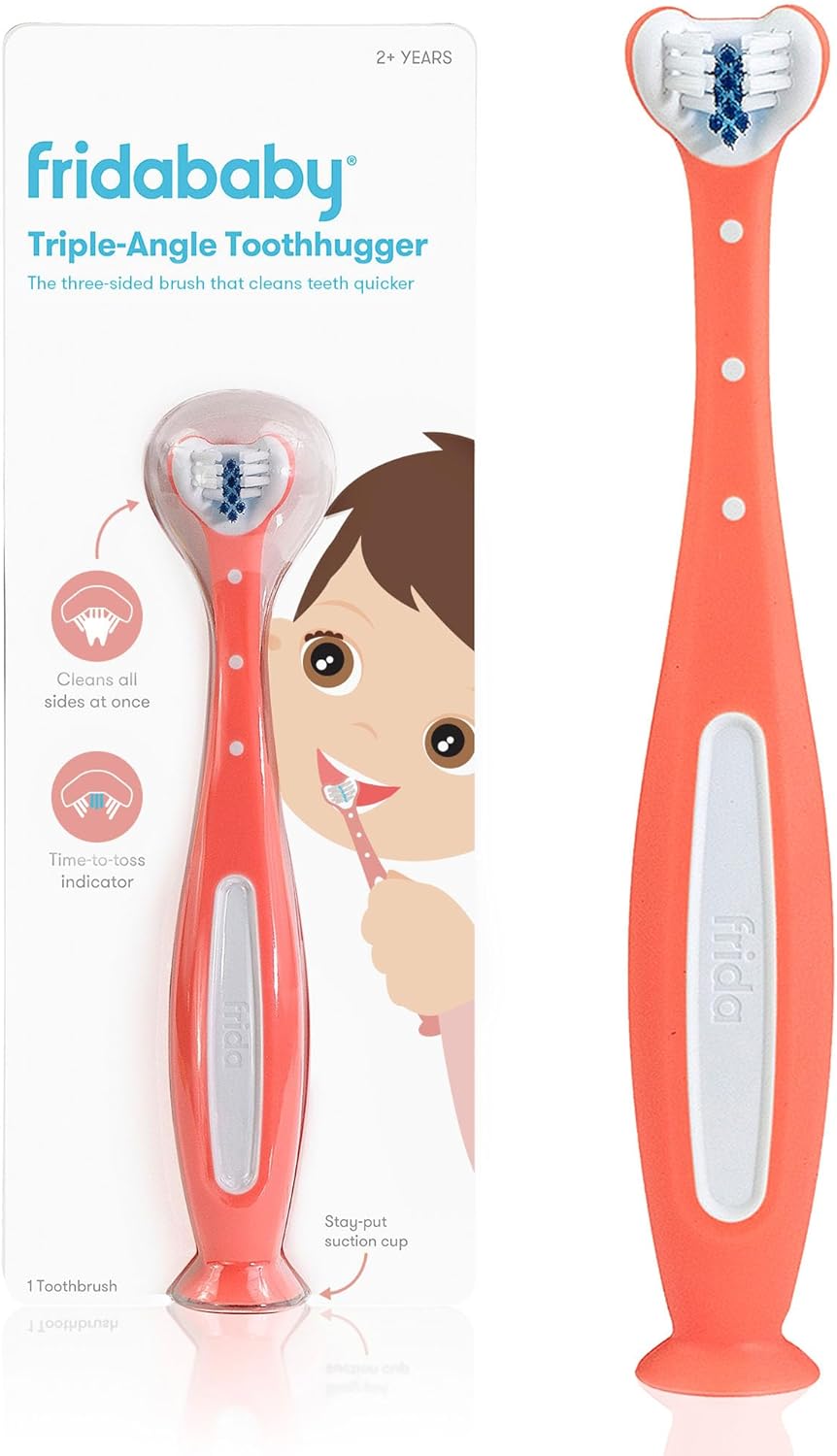 Frida Baby Triple-Angle Toothhugger Training Toddler Toothbrush | Toddler Toothbrush 2 Years and Up, Cleans All Sides at Once | Pink