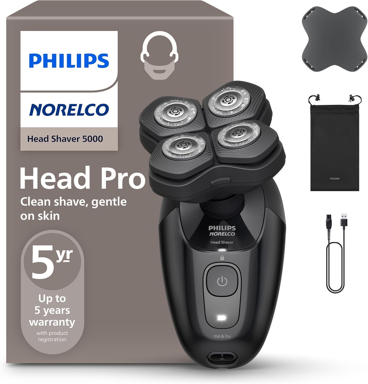 Philips Norelco Head Shaver Pro 5000 Series - Electric Shaver for Men and Women, 360° Flexing Head & ComfortCut Blades for Clean Shave, Gentle on Skin, Model HS5980/40
