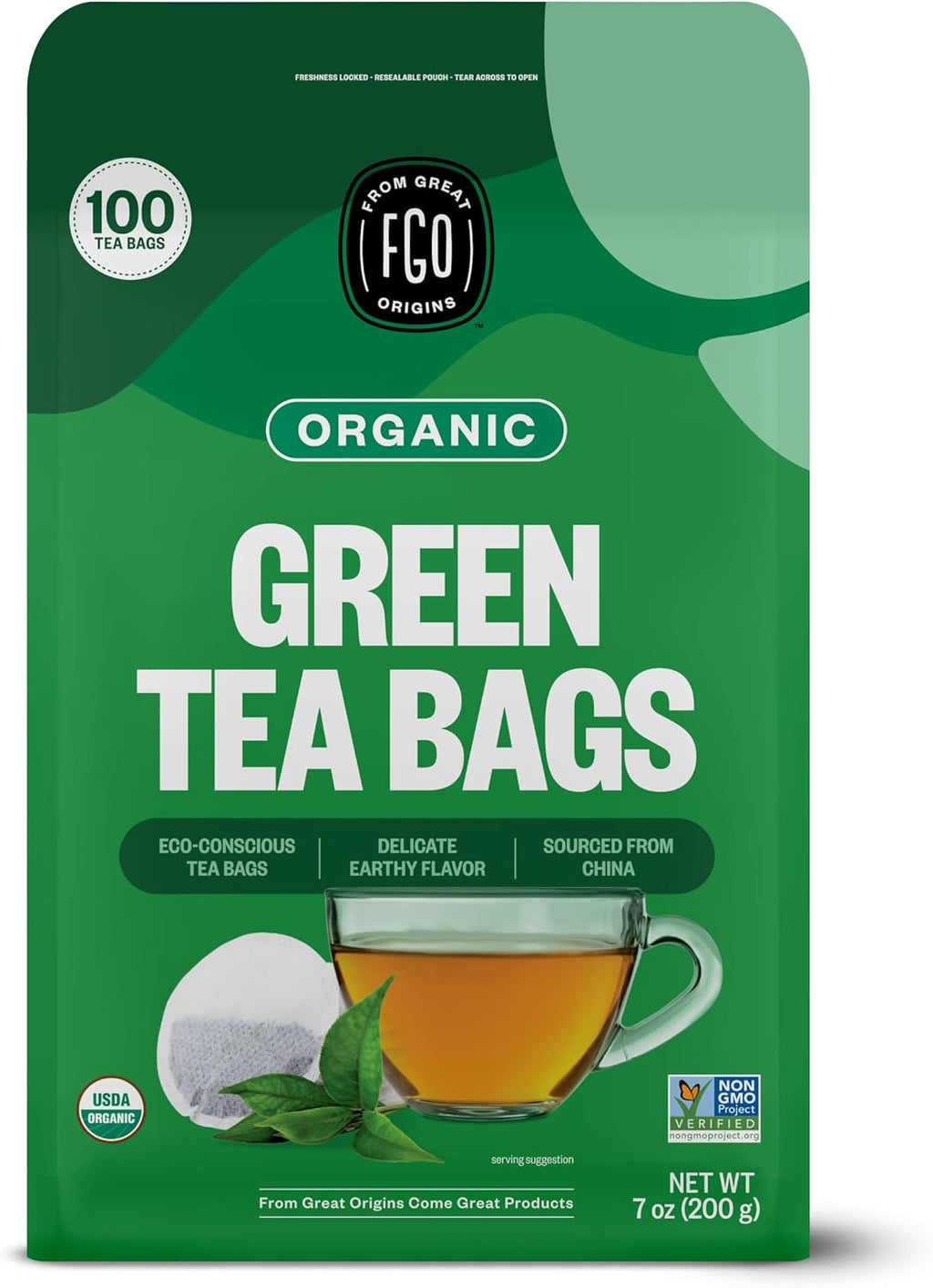 FGO Organic Green Tea, 100 Count Eco-Conscious Tea Bags, Caffeinated, Resealable Pouch, Packaging May Vary (Pack of 1)