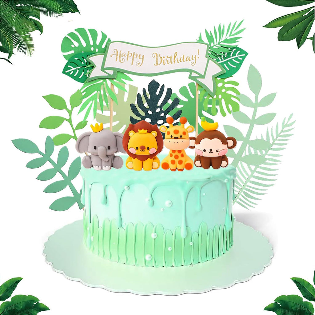 12 Pcs Jungle Safari Animal Cake Toppers with Elephant Giraffe Lion Monkey Glittery Tropical Leaves, Cute Jungle Animals Cake Decoration for Jungle Themed Party Baby Showers Kids Birthday Party