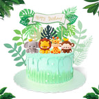 12 Pcs Jungle Safari Animal Cake Toppers with Elephant Giraffe Lion Monkey Glittery Tropical Leaves, Cute Jungle Animals Cake Decoration for Jungle Themed Party Baby Showers Kids Birthday Party