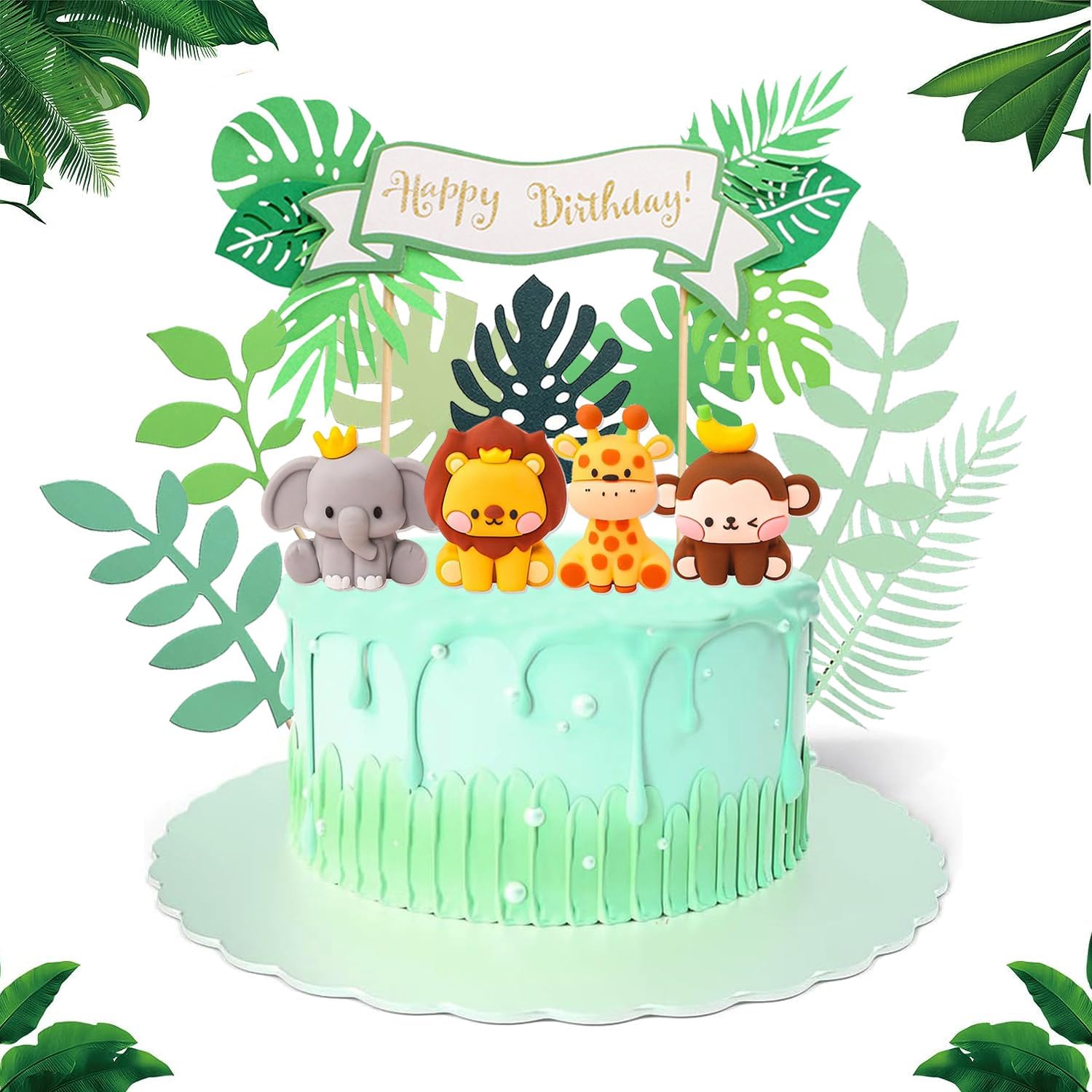 12 Pcs Jungle Safari Animal Cake Toppers with Elephant Giraffe Lion Monkey Glittery Tropical Leaves, Cute Jungle Animals Cake Decoration for Jungle Themed Party Baby Showers Kids Birthday Party