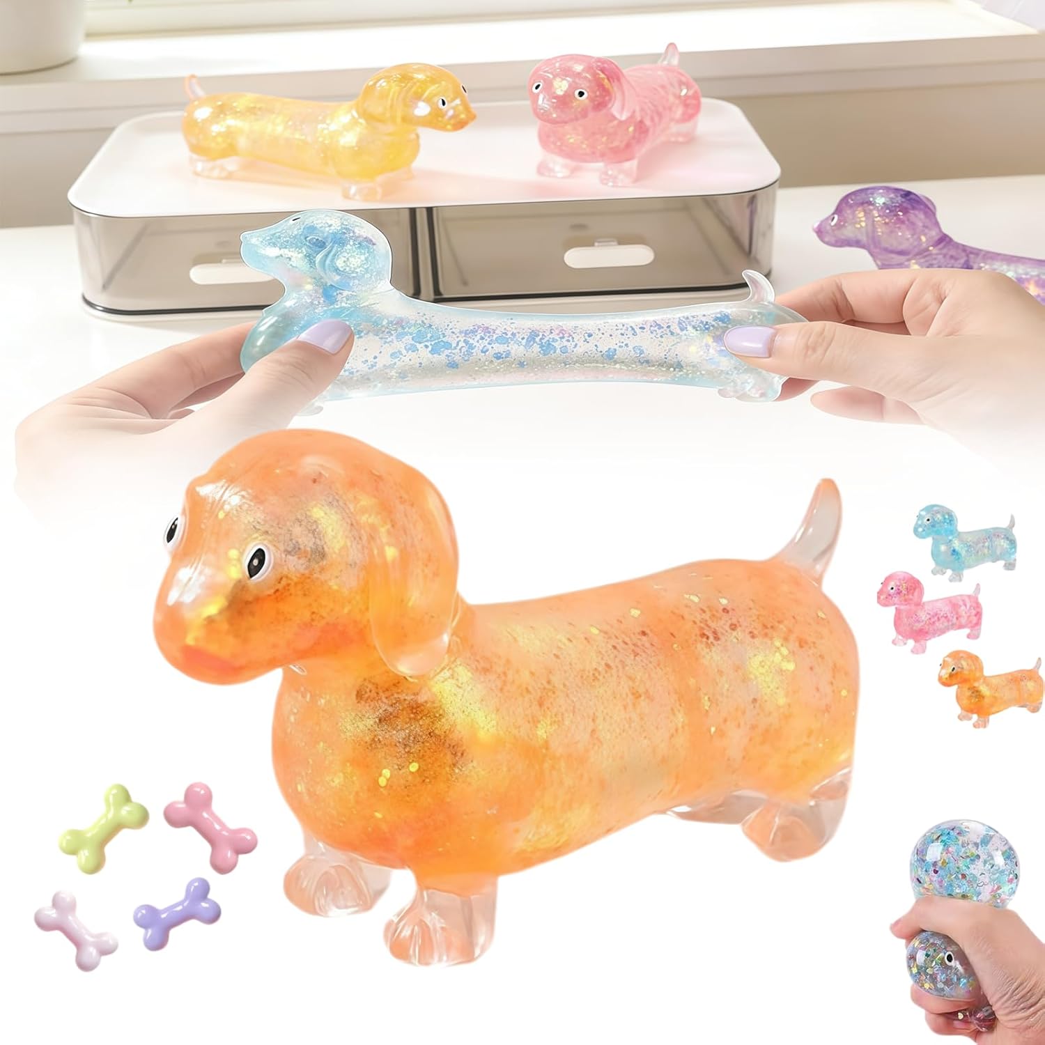 Dachshund Squishy , Glitter Face Wiener Dog Dachshund Squishy Stress Toy, Squeeze Relief for Adults (Orange)
