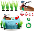Simgoing 14 Pcs Fishing Cake Topper Decorations with Fishman Rod Float Seaweed Boat and Happy Birthday Sign for Men Fishermen Fish Themed Birthday Party Supplies