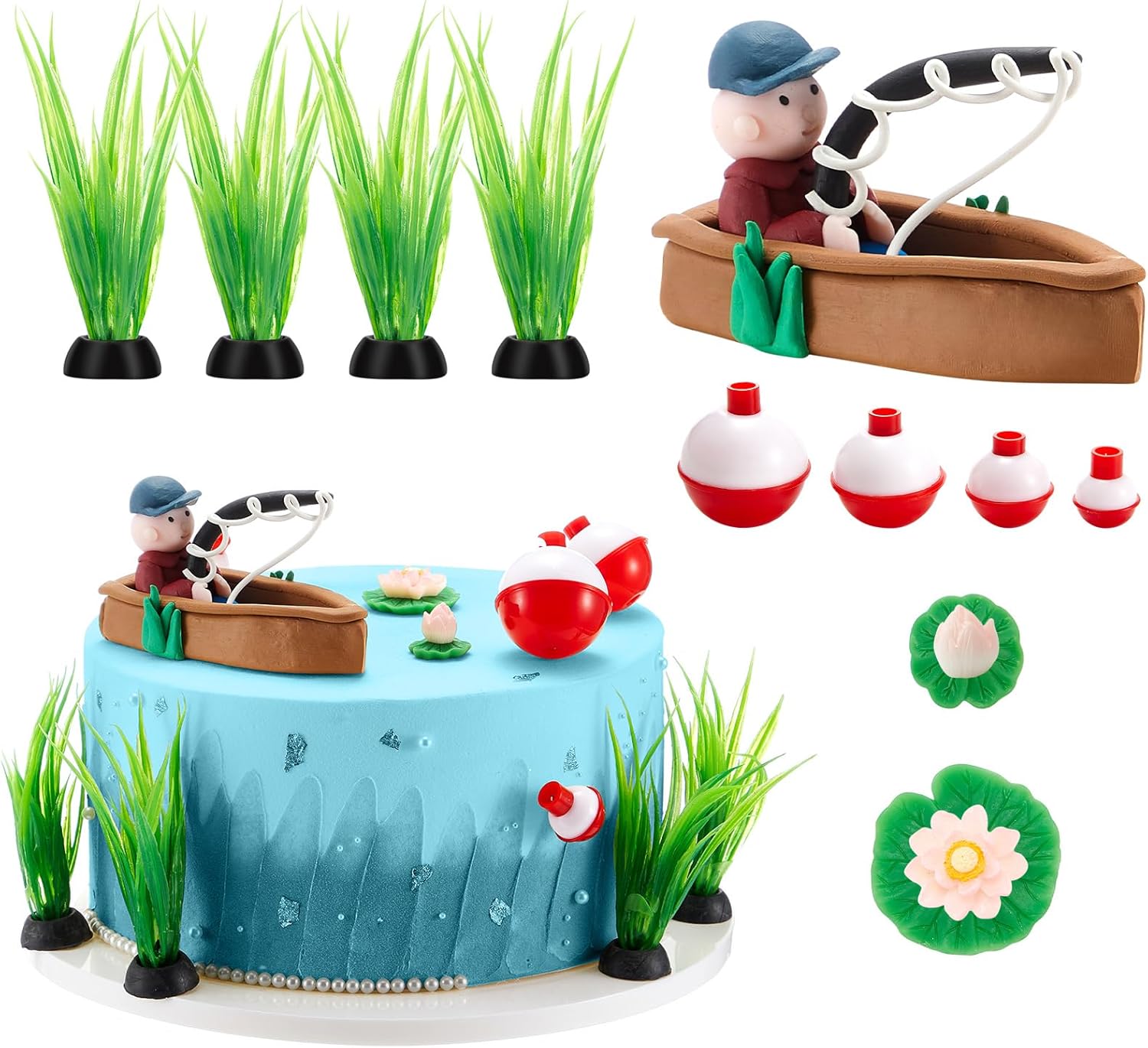 Simgoing 14 Pcs Fishing Cake Topper Decorations with Fishman Rod Float Seaweed Boat and Happy Birthday Sign for Men Fishermen Fish Themed Birthday Party Supplies