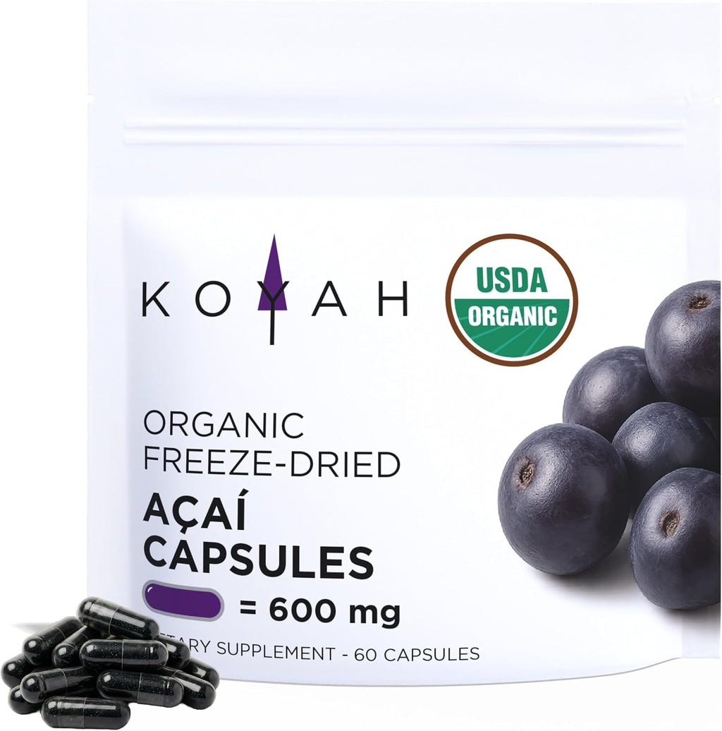 KOYAH - Organic Acai Capsules - Freeze-Dried, 600 mg, Vegan, Gluten-Free, Non-GMO. Antioxidant Support. 60 Capsules