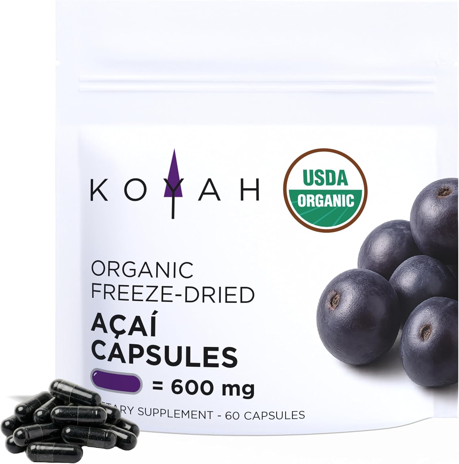 KOYAH - Organic Acai Capsules - Freeze-Dried, 600 mg, Vegan, Gluten-Free, Non-GMO. Antioxidant Support. 60 Capsules