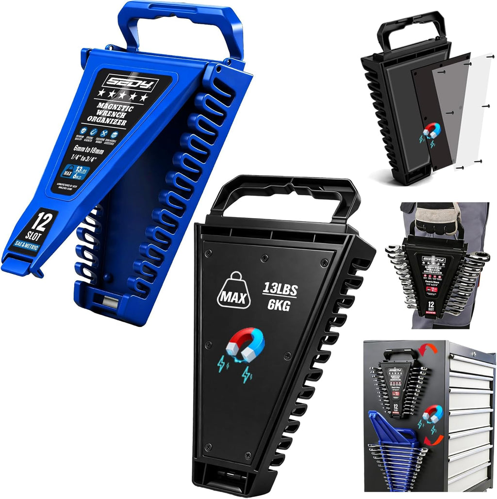 2-Piece Magnetic Wrench Organizer, 24-Slot Wrenches Holder Set with Lock Cover Metric 6–18mm & SAE 1/4-3/4", Wrench Rack Tool Trays with Carrying Handle for Wall Mount Toolbox Drawer Storage