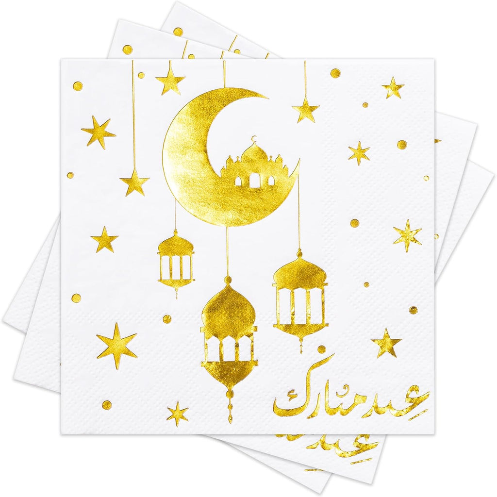 RUSPEPA 50 Pcs Eid Mubarak Paper Napkins, White Gold Crescent Moon, Lantern and Star Design, Islamic Ramadan Disposable Cocktail Napkins for Eid, Ramadan, Muslim Celebration Table Decor, 5 x 5 Inch