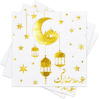 RUSPEPA 50 Pcs Eid Mubarak Paper Napkins, White Gold Crescent Moon, Lantern and Star Design, Islamic Ramadan Disposable Cocktail Napkins for Eid, Ramadan, Muslim Celebration Table Decor, 5 x 5 Inch