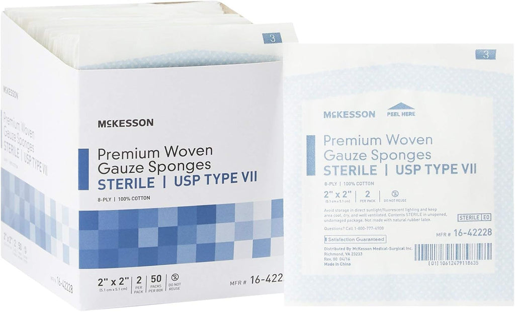 McKesson Premium Woven Gauze Sponges, Sterile, 8-Ply, USP Type VII, 100% Cotton, 2 in x 2 in, 2 per Pack, 50 Packs, 100 Total