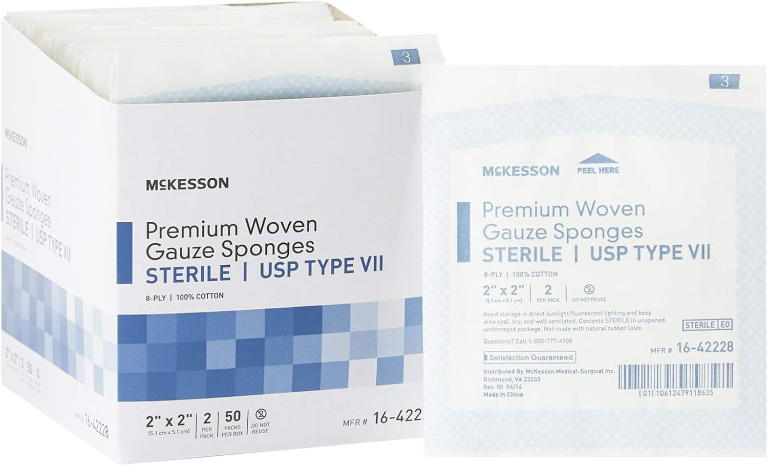 McKesson Premium Woven Gauze Sponges, Sterile, 8-Ply, USP Type VII, 100% Cotton, 2 in x 2 in, 2 per Pack, 50 Packs, 100 Total