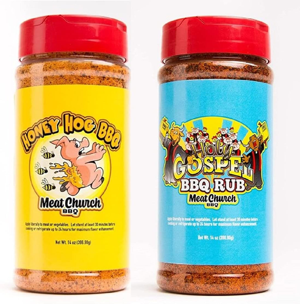 Meat Church BBQ Rub Combo: Honey Hog (14 oz) and Holy Gospel (14 oz) BBQ Rub and Seasoning for Meat and Vegetables, Gluten Free, One Bottle of Each
