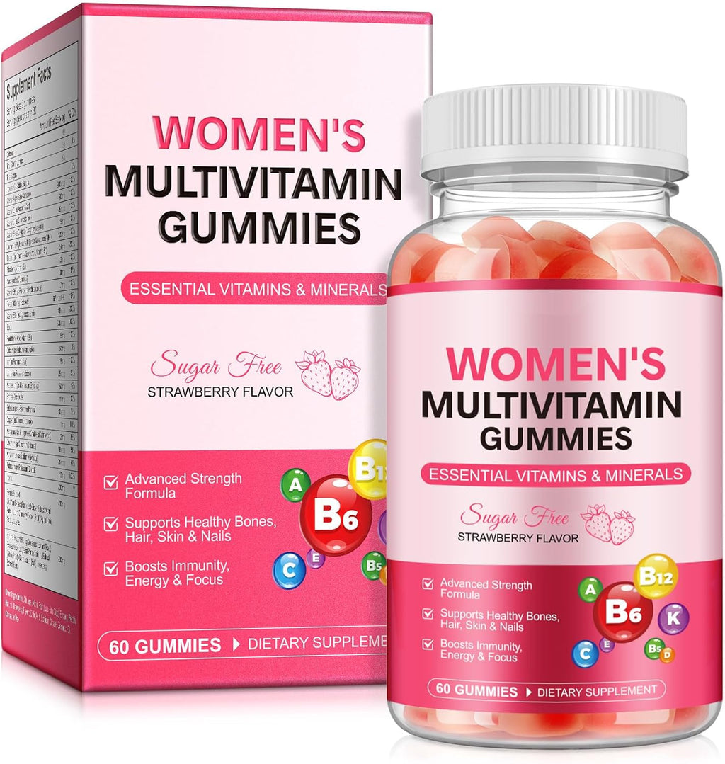 Women's Multivitamin Gummies with Iron, Inositol, Zinc, Biotin, Vitamin A C D3 E K2 B12 - Sugar Free, Vegan, Strawberry Flavored Multi Vitamins for Daily Energy & Wellness - 60 Count (30 Day Supply)