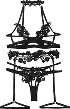 Lilosy Sexy Cute Applique Embroidered Underwire Push Up Garter Belt Chocker Lingerie Set