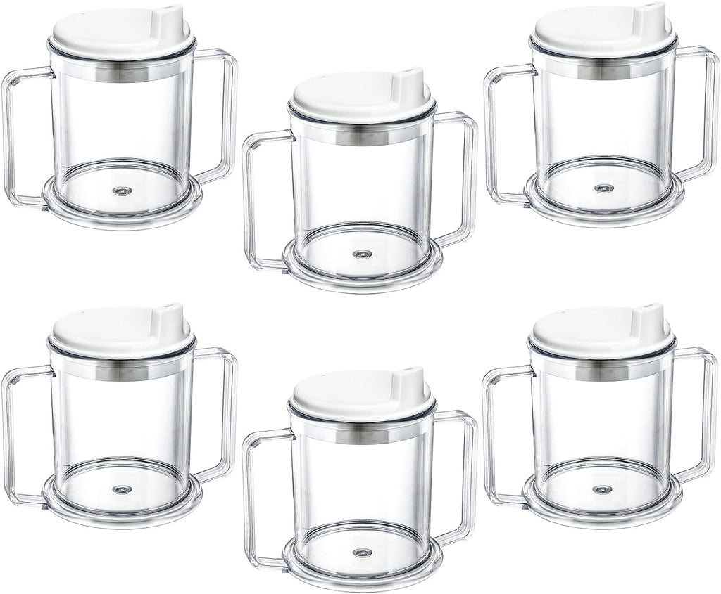 Eaasty 6 Pcs Adult Sippy Cup for Elderly, 10 oz Plastic Spill Proof Cups with 2 Handles for Adult Elderly Care Hospital Drinking Mug Easy to Grasp Handles for Hot and Cold Beverages (White)