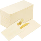 KAMMAK Dinner Napkins Disposable Beige Cloth like Paper Napkins with Pocket 100 Pack Folded Napkins Guest Hand Towel for Party Decoration, Wedding Reception, Bathroom and Kitchen (16.5 x 16.5 inch)