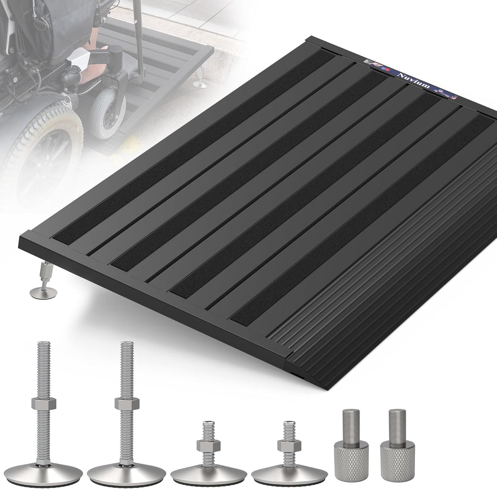 Threshold Ramp for Doorways, Adjustable Height 2.6"-6" Aluminum Wheelchair Ramp with Heightening Screws and Swivel Angle Leg, 1100lbs Load Capacity, 22”x36 Curb Ramp for Trolley,Power Chairs