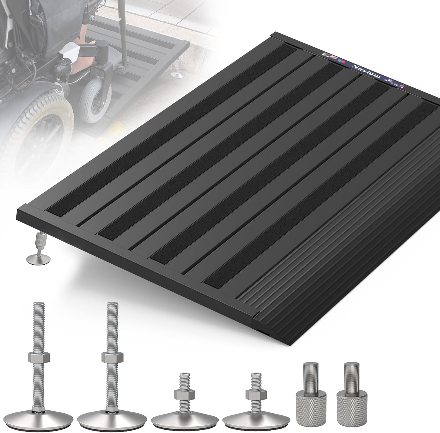 Threshold Ramp for Doorways, Adjustable Height 2.6"-6" Aluminum Wheelchair Ramp with Heightening Screws and Swivel Angle Leg, 1100lbs Load Capacity, 22”x36 Curb Ramp for Trolley,Power Chairs
