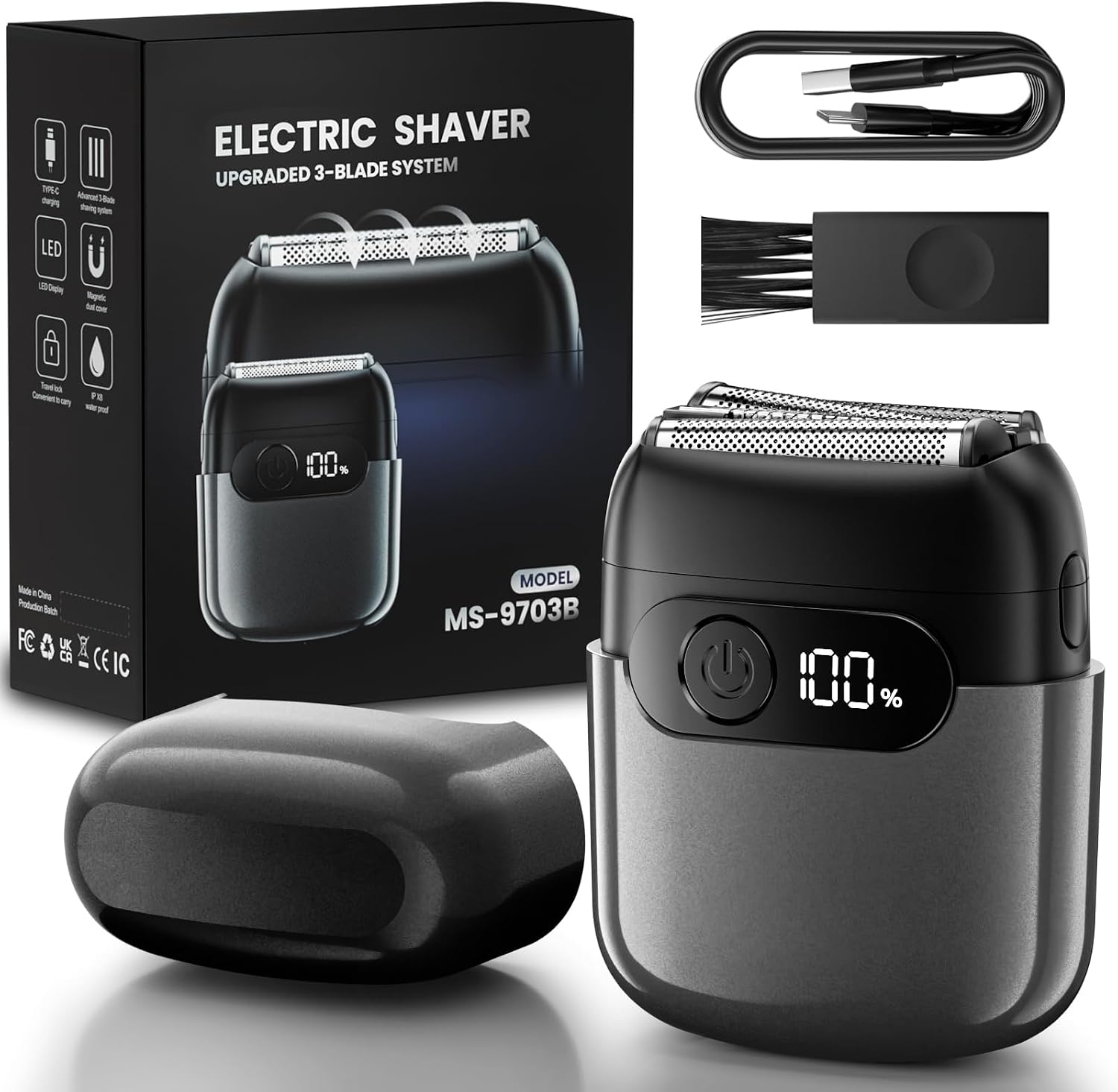Electric Foil Shaver for Men,Compact 3D Floating Shaving Heads, Electric Razor for Men,IPX8 Waterproof, USB-C Fast Energy, 90-Min Runtime,LED Info Display, Wet/Dry Adaptability, Travel Lock Deep Gray